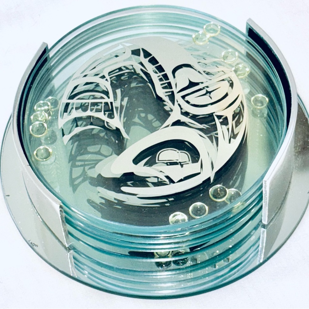 West Coast Native Art Design Glass Coaster Set of 6 Indigenous Silver Salmon